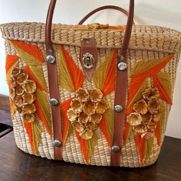 Handbags - Handcrafted Floral Woven Tote Bag Vintage Orange and tan